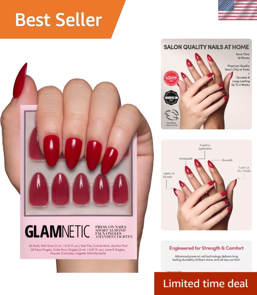 All-In-One Short Almond Red Press On Nails Kit – 30 Pc, Glue Included, Reusable