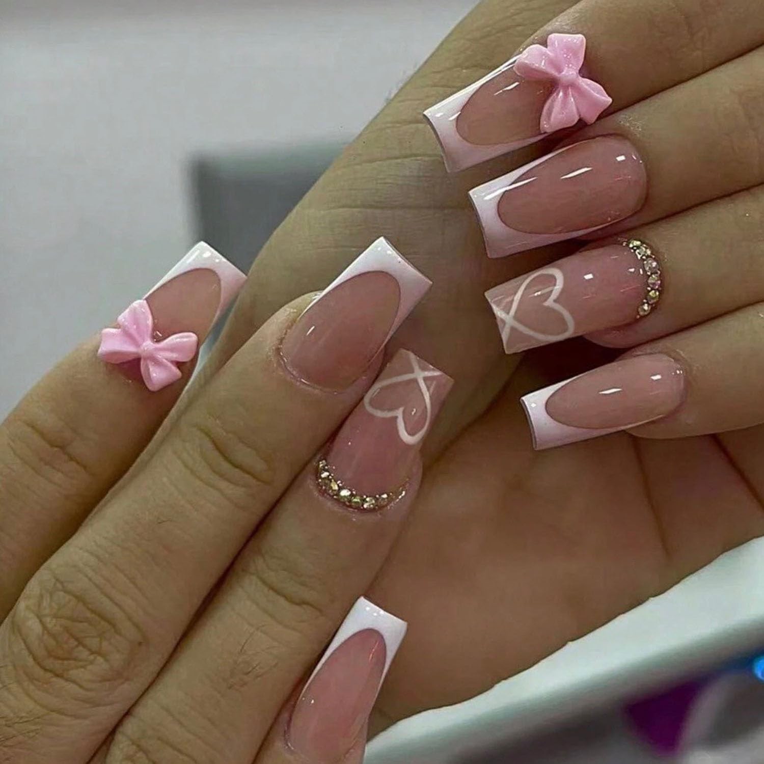 French Tip Press on Nails Fake Nails with Pink Bow Heart Pink V-Shaped French…