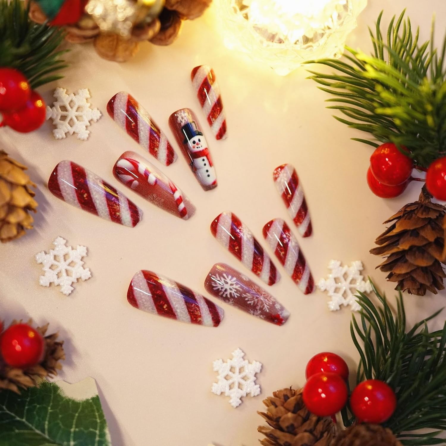Christmas Press on Nails Glitter Red White Stripe Winter Fake 1, Style 16