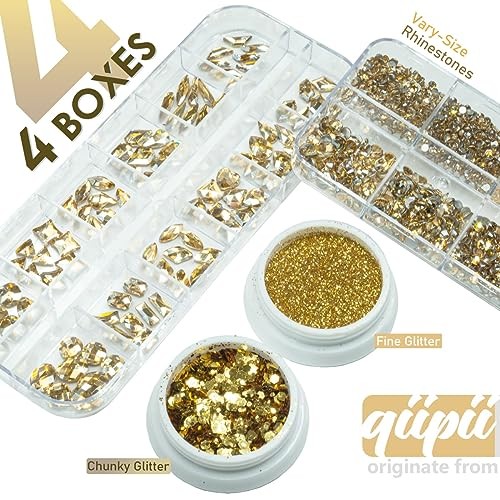 qiipii Rhinestones and Glitters 24 Shapes K9 Glass 4 Boxes Champagne Gold