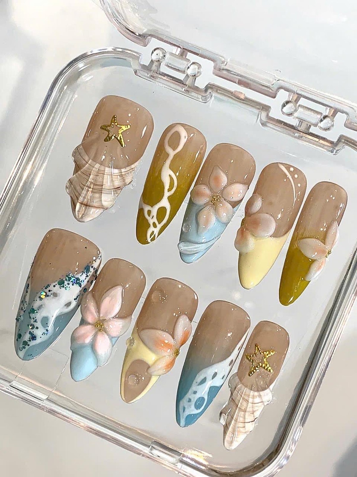 Handmade Ocean 3D Plumeria Starfish Shell Medium Almond Press on Nails