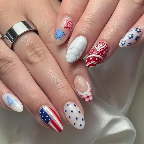 4th of July Press on Nails Short Oval Fake Nails America Flag Star Polka Dots