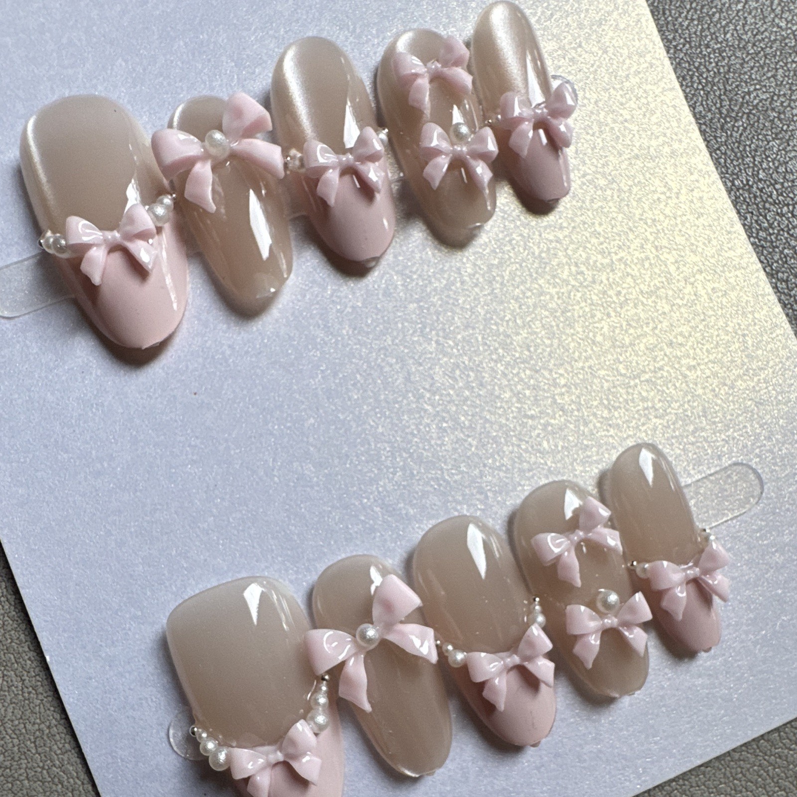 Press-On Nails Long Almond Pink/Beige 3D Bow Theme Full Cover Pre-Designed