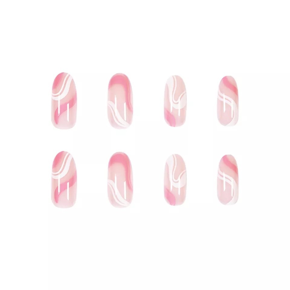 24 Pink White Swirl Press on nails kit with glue groovy wavy 70s retro nude