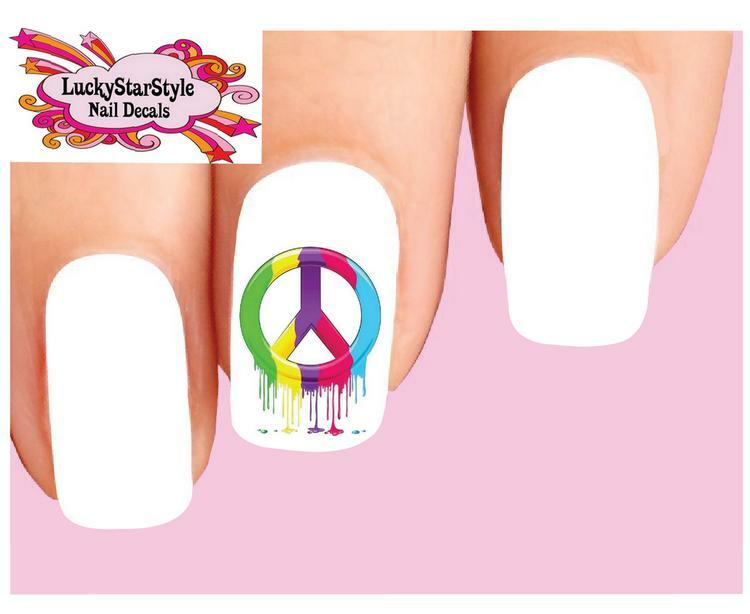 Waterslide Nail Decals Set of 20 – Colorful Rainbow Peace Sign Dripping Paint