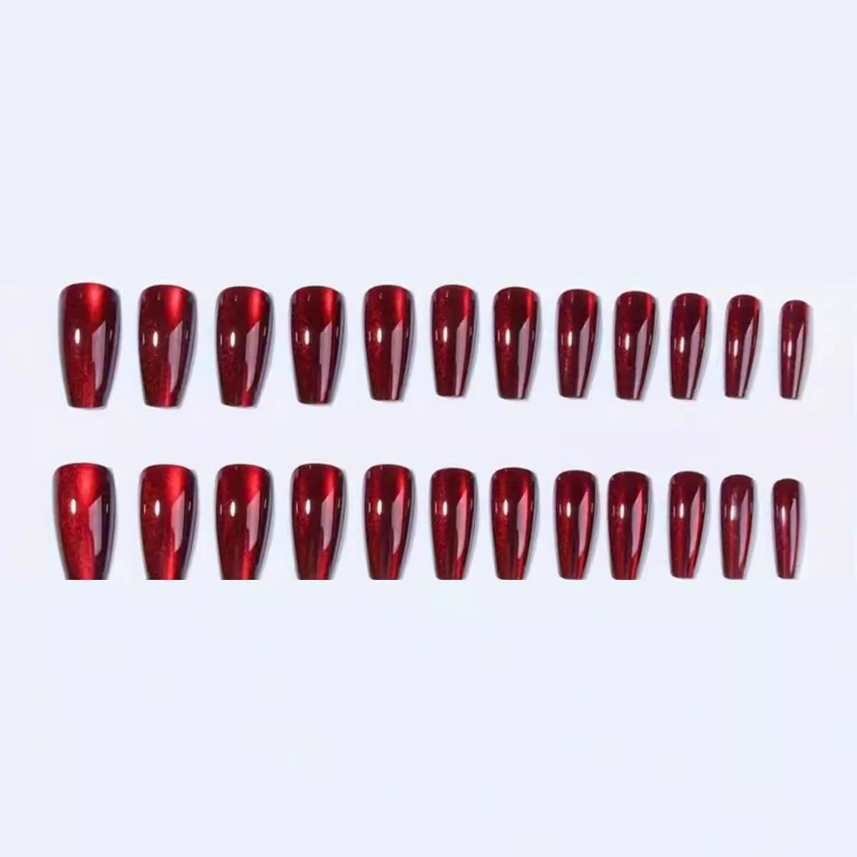 Red Press on Nails Medium Coffin Fake Nails Wine Red Cat Eye Fake Nails Christma