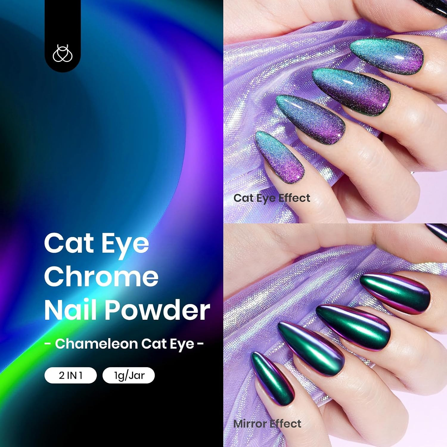 Cat Eye Chrome Nail Powder Set, 2 in 1 Holographic Effect | Chameleon Galaxy Pow