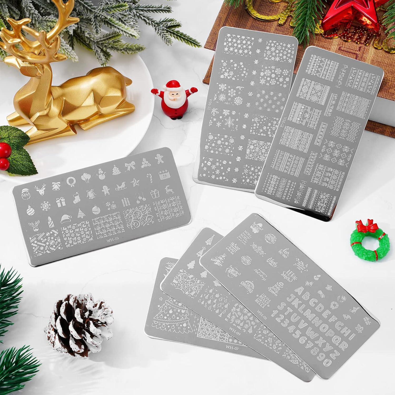 6 Pieces Christmas Nail Art Stamping Plates Kit Christmas Tree Snowflakes Ginger