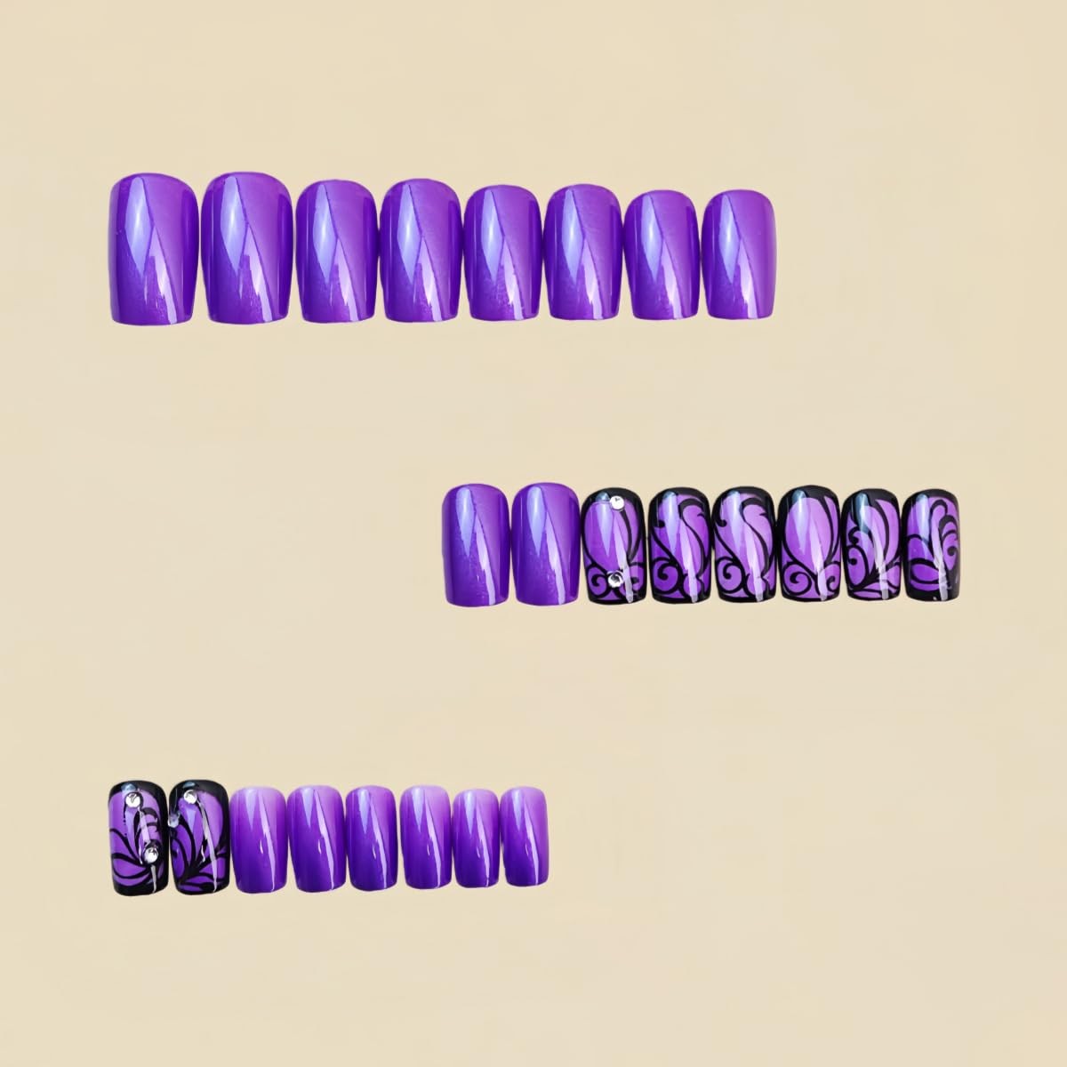 Purple Press On Nails Short Square Black Flowers Line Design Rhinestones