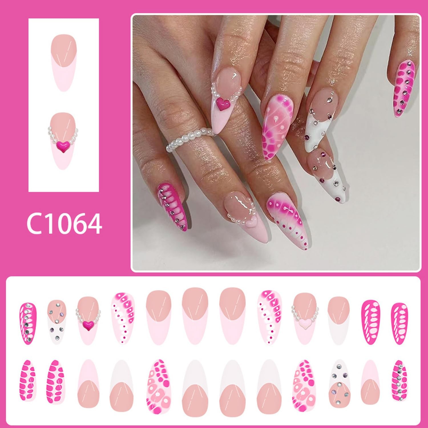 Rhinestones Pearl Press on Nails Pink White French Tip with Design Glossy Lon…
