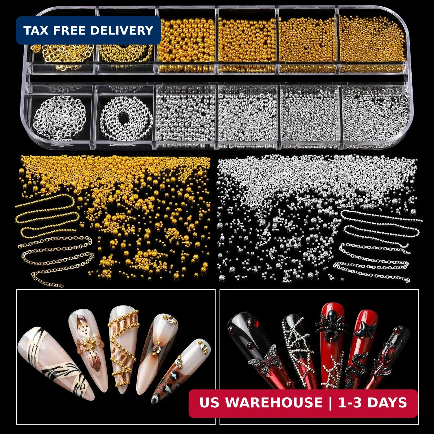 Teenitor Nail Charms and Gems with Nail Stickers, 6 Boxes Silver & Gold Nail Gem