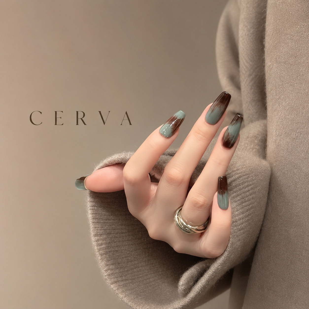 CERVA Handmade Press On Nails Sage Green Brown Gradient Glossy Gel Fake Nails