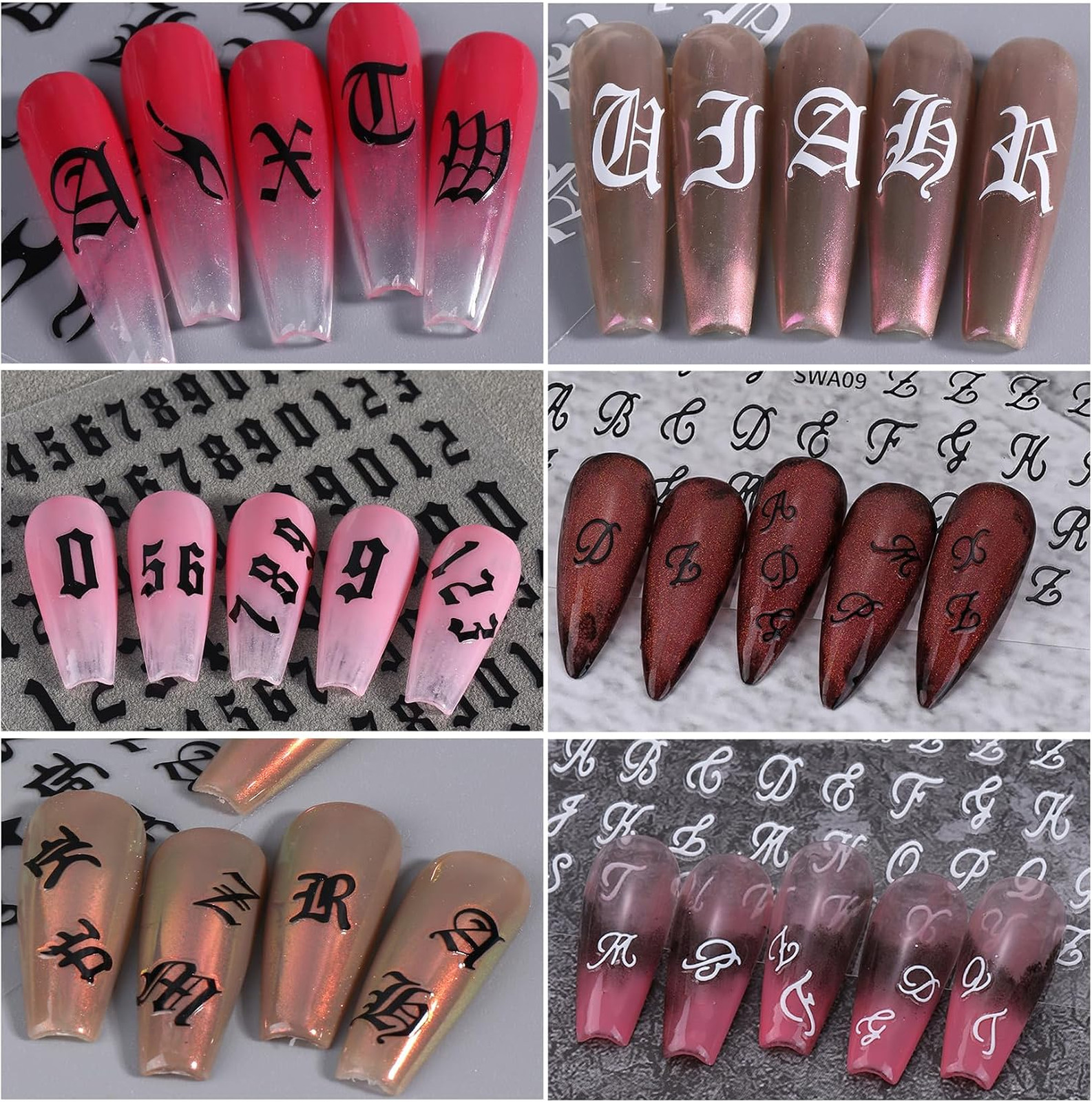 Letter Nail Art Stickers Decals 12 Sheets Gothic Alphabet Self Adhesive for