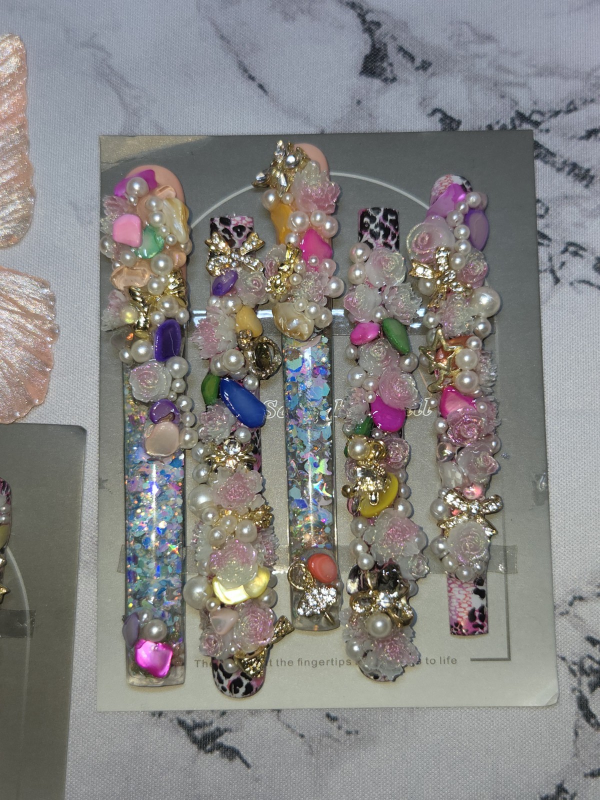 Press On Nails Medium XXXXLONG Galaxy themed colors with butterfly water nails.