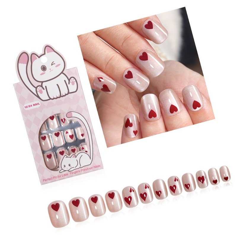 24 Pieces Heart Pattern Press On Nail ABS Material Short Square Style