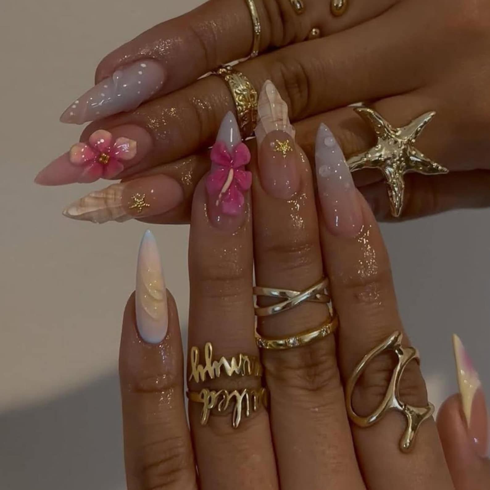 Handmade 3D Plumeria Shell Star Glitter Gradient Long Stiletto Press on Nails