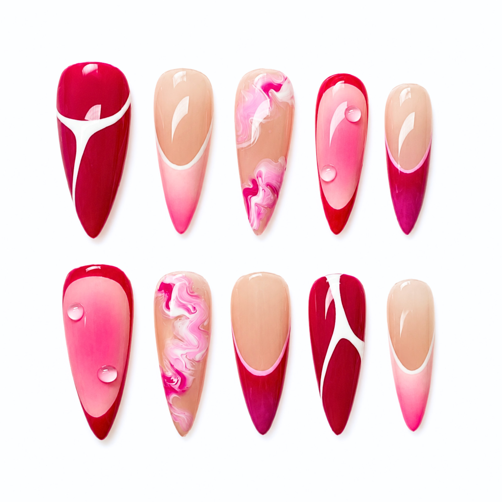 Handmade Pink Red Nude Swirl Press-On Nails Glossy Custom Nail Set