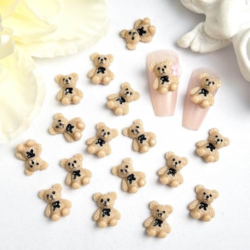 Cute Nail Charms Nail Art Charms 3D Resin Bear with Black Bow Nail Brown Bear