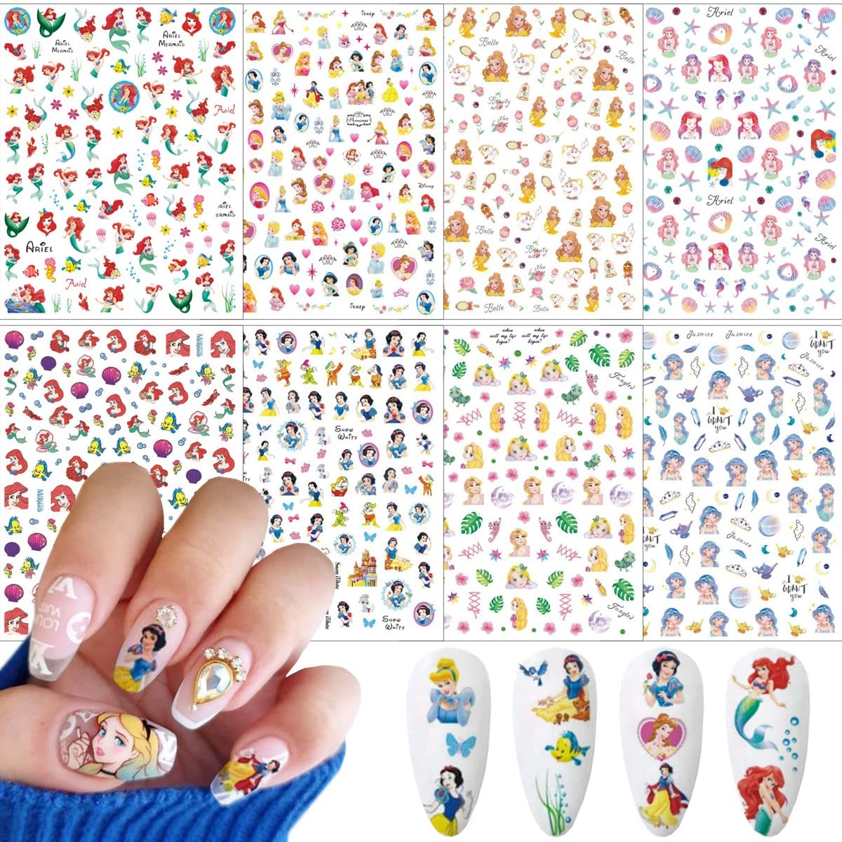 8 Sheets Cute Cartoon Nail Art Stickers Decals 3D Adhesive Kawaii Mermaid Des…