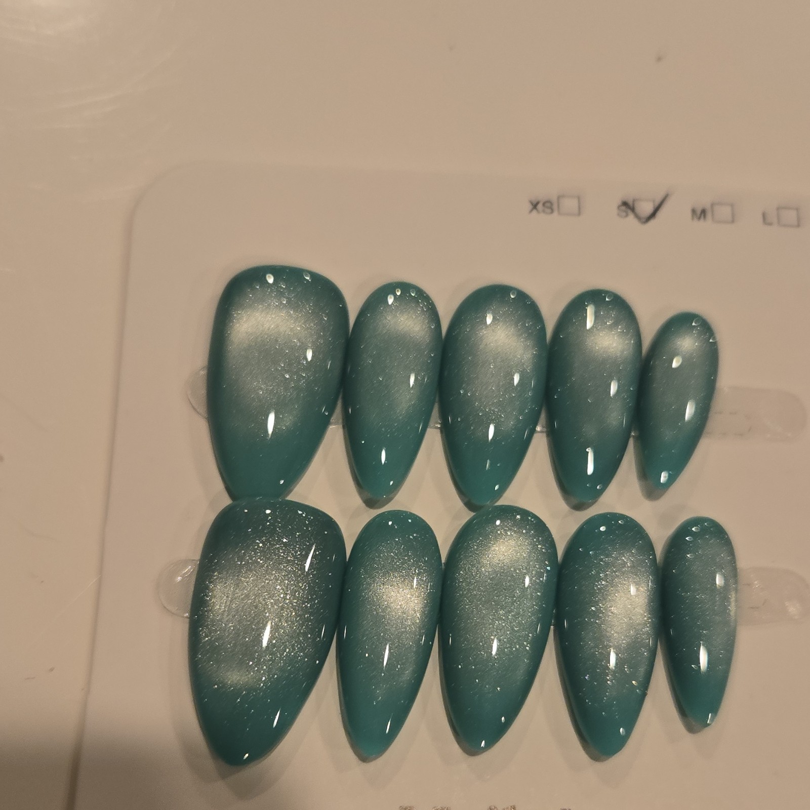 Nail Art Shiny Teal Almond Short Press-On Nails Set Full Cover Self-Adhesive