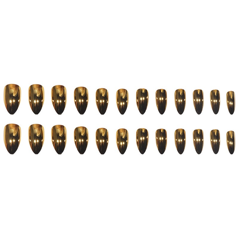 48Pcs-Metallic Gold Chrome Press on Nails Glossy Long Almond Nail Art Set