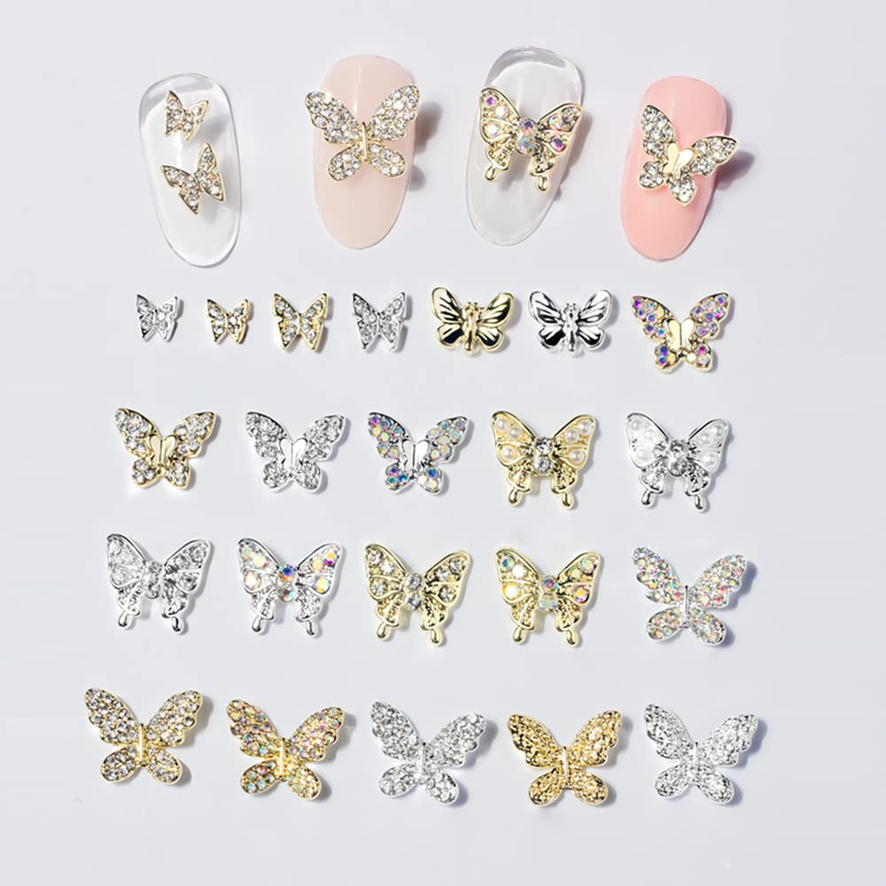 22 Pcs Gold Silver Butterfly Nail Charms Stainless Alloy Art Decoration