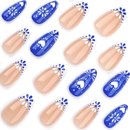 Blue White Totem Press on Nails French Tip Fake Nails Short Almond style20