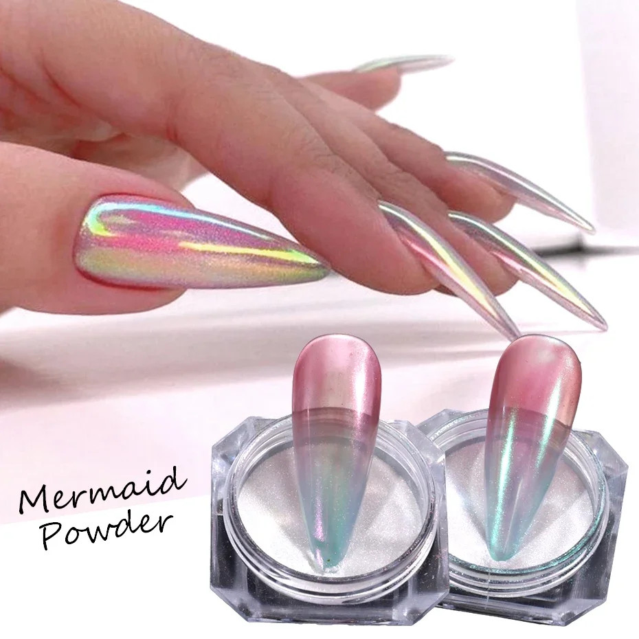 2pcs Rainbow Mirror Nails Glitter Powder Mermaid Unicorn Chrome Pigment Aurora