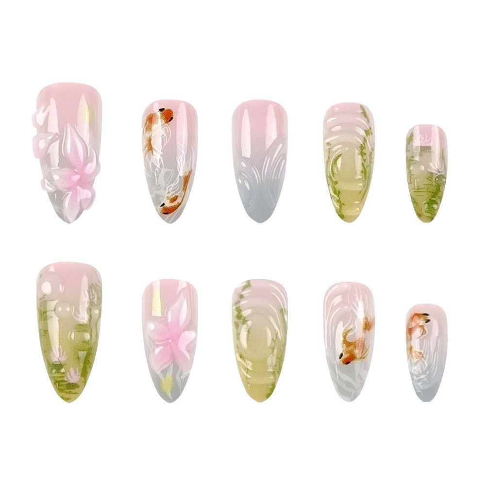 White Almond Press On Nail Stickers 24PCS 3D Floral Goldfish ABS Nail Art