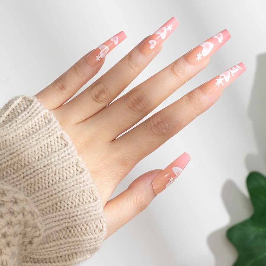 48pcs-Pink Press on Nails Ombre Heart Star Long Square Daily Wear Nail Art Set