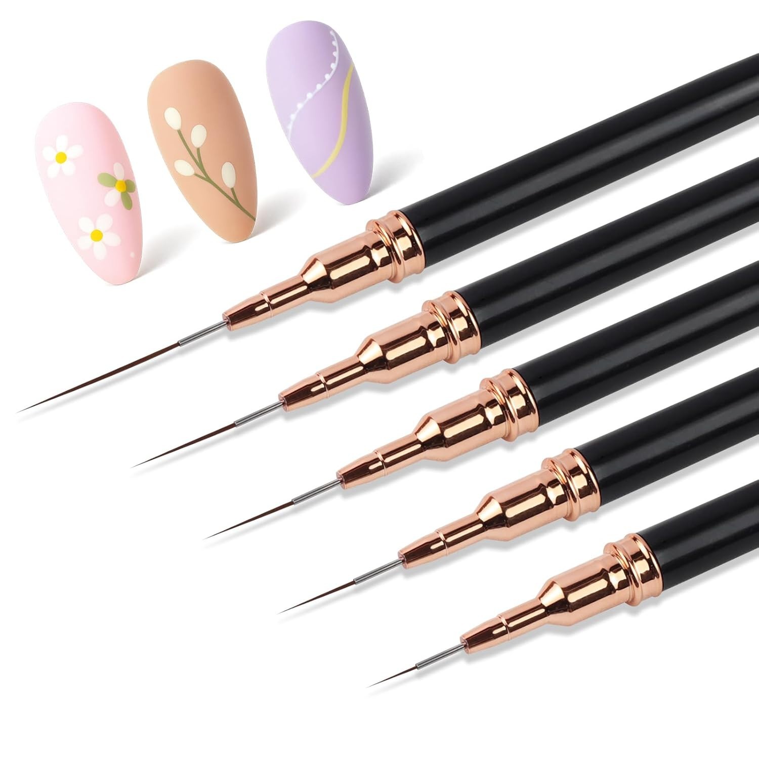 Artdone 5PCS Metallic Nail Art Liner Brushes Set, Black Fine Detail UV Gel