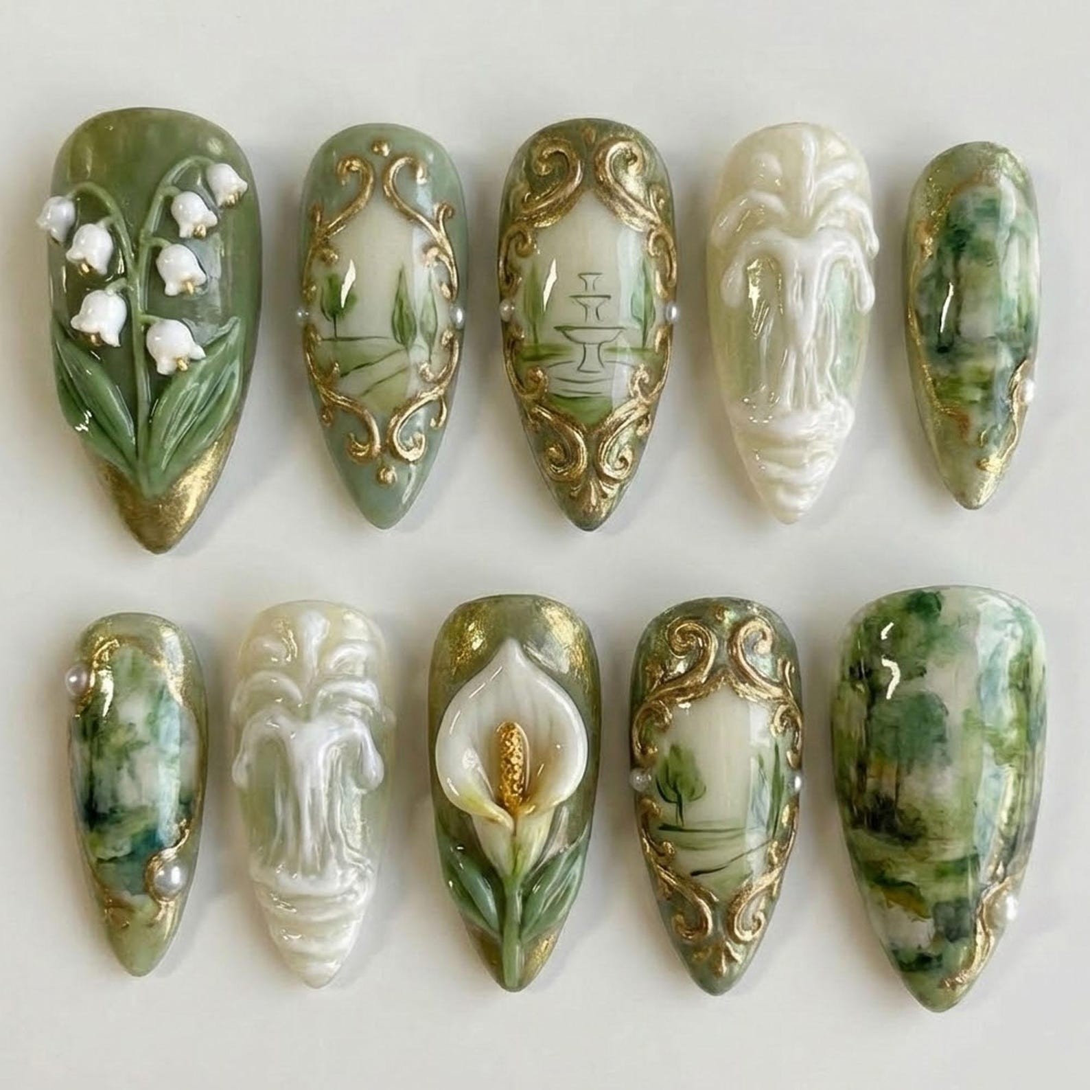 Handmade Green Lily of The Valley Landscape 3D Waterfall Almond Press on Nails