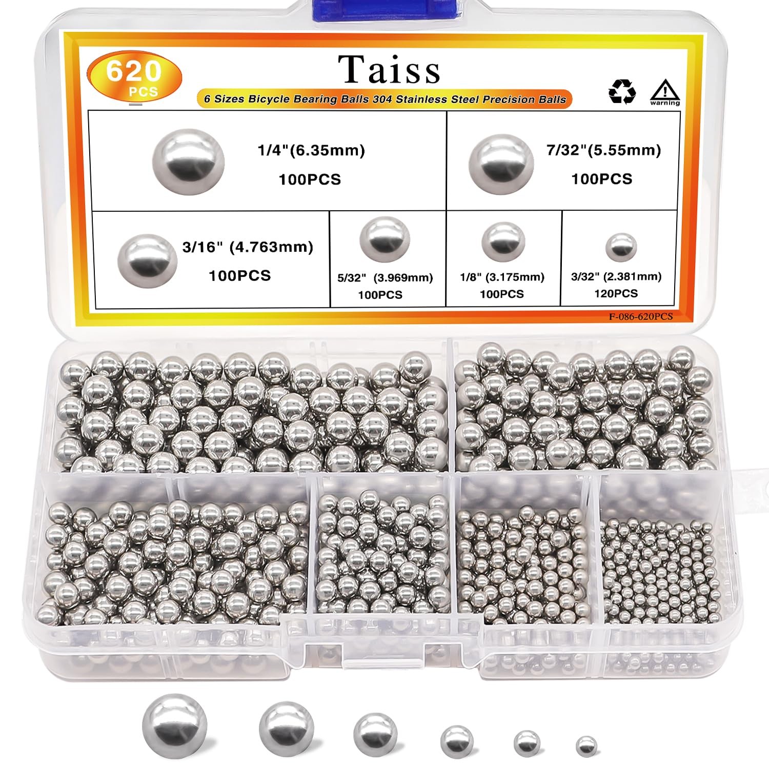 Taiss 620PCS 304 Stainless Steel Precision Balls,Bicycle Bearing Balls Assort…