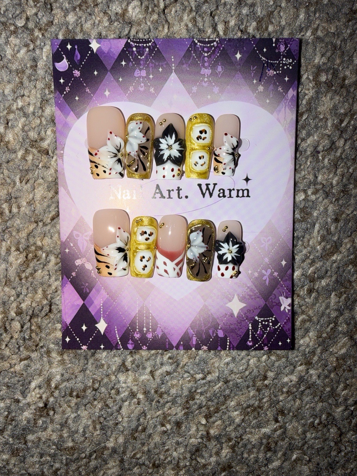 Nail Art Warm Gold Nude Black Red Square Press-On Nails 3D Flower Full Cover Set