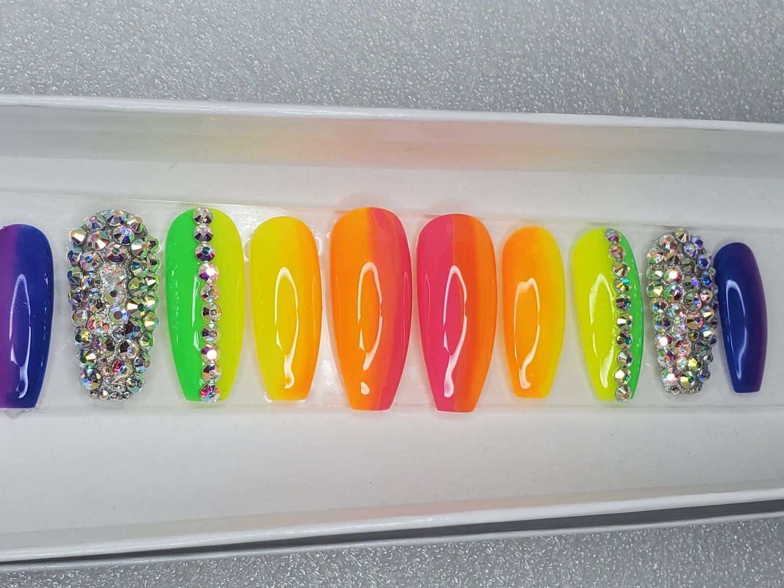 Neon Rainbow bling nails crystal pride set Press On nails diamond long coffin