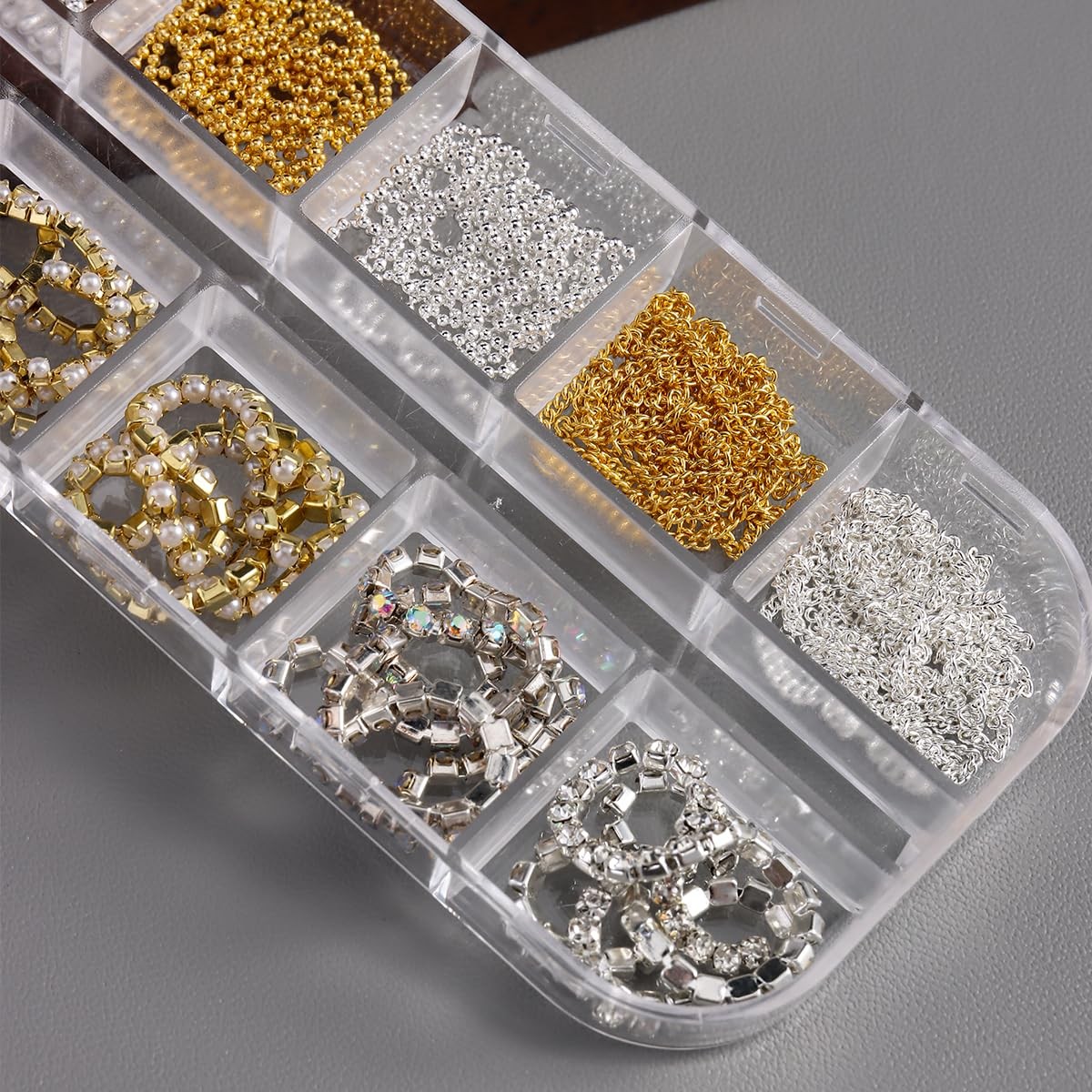 12 Strips Nail Chain Charms, Metal Bangle Nail Art Chains 3D Gold Silver Fren…