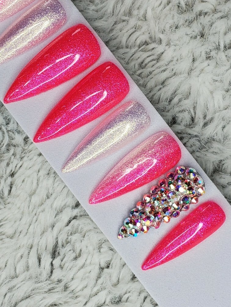 Neon hot pink Bling glitter long stiletto diamond press on nails barbie ombre