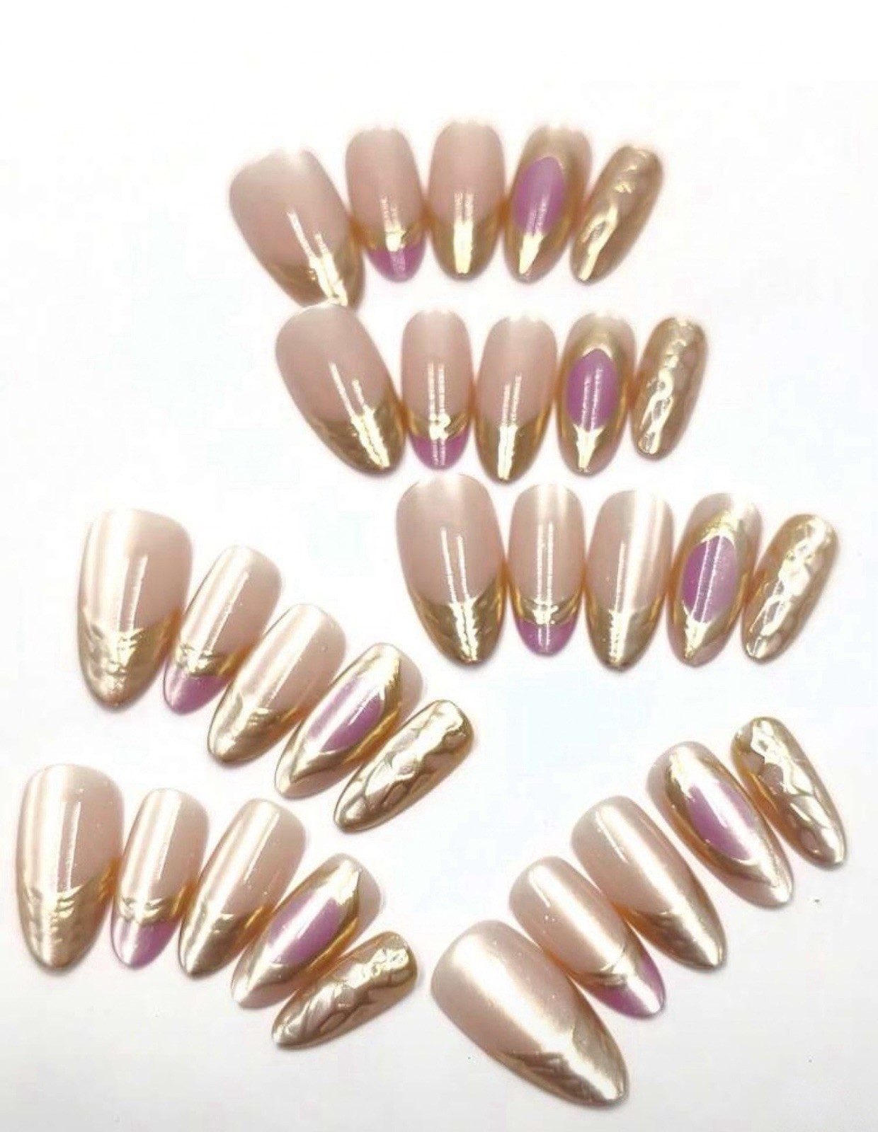 Reusable Long Almond Acrylic Press-On Nails Nude Green Gold 3D Marble