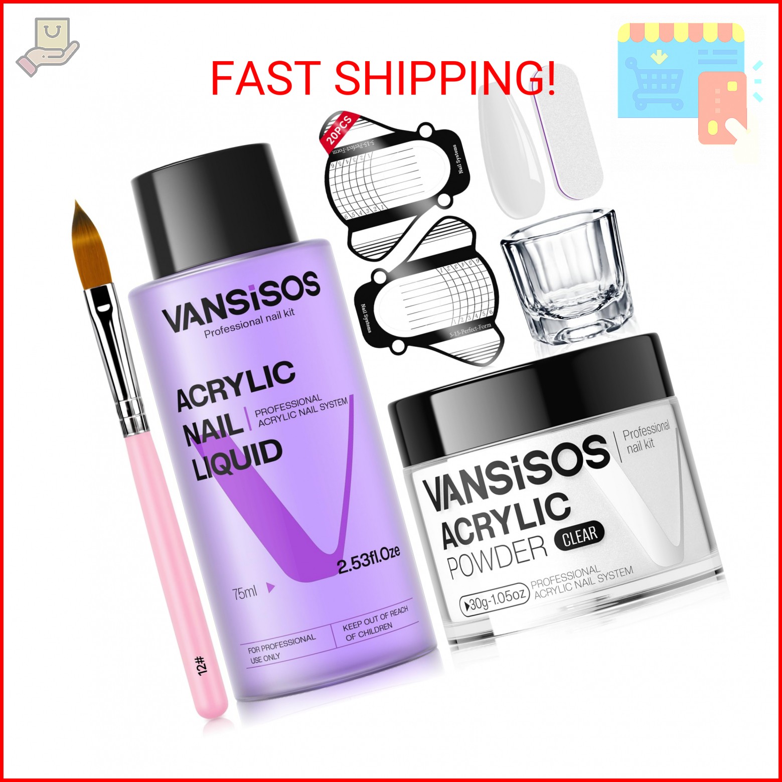 VANSISOS Acrylic Nail Kit: 30g Clear Acrylic Powder and 75ml Liquid Set with Nai