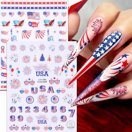10 Sheets 4th of July Nail Art Stickers Patriotic Nail Decals 3D Self Modern