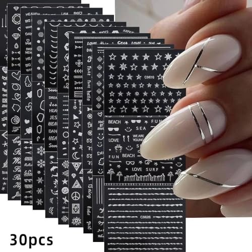 30 Sheets Silver Nail Art Stickers 3D Self Adhesive Sliver Line Nail Style-6
