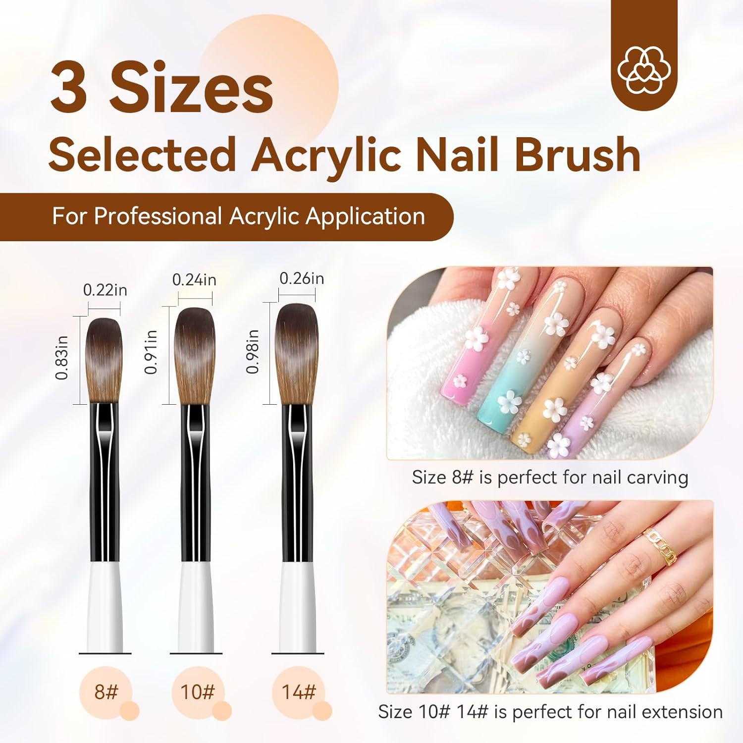 Saviland 3Pcs Acrylic Nail Brush Set, Size 8/10/14 Kolinsky Acrylic Nail Brushes