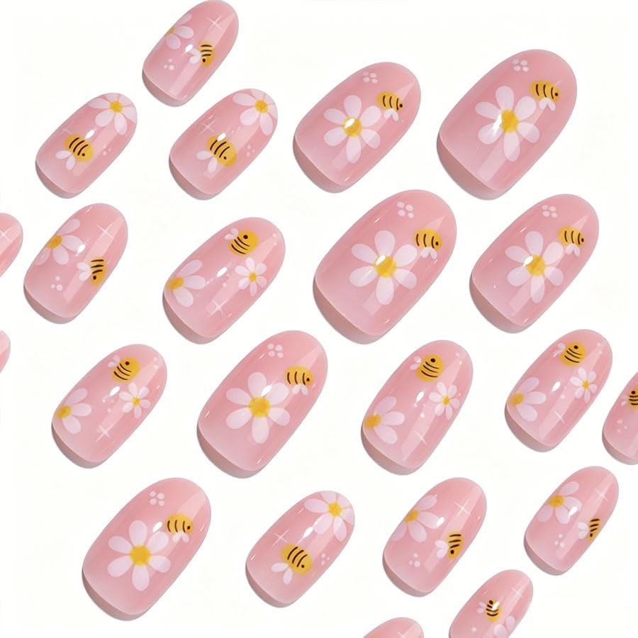 Flower Press on Nails with Cute Bee Flower Designs Spring Summer Floral Press…