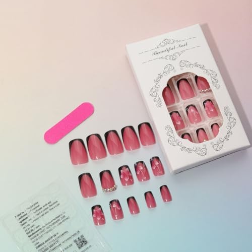 24Pcs Black French Tip Press on Nails Medium Square Flower Nails Medium-30