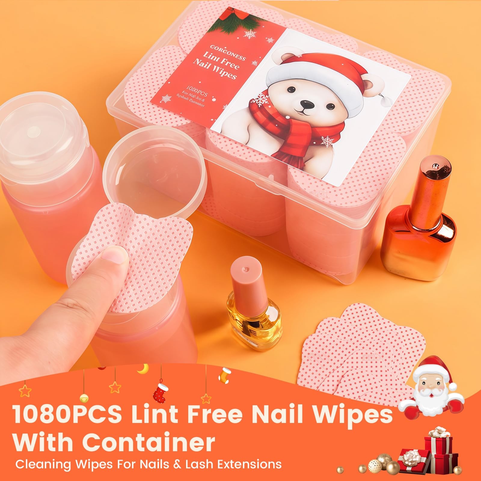 Corconess 1080PCS Lint Free Nail Wipes With 2 Acetone B-1082 SET, Pink