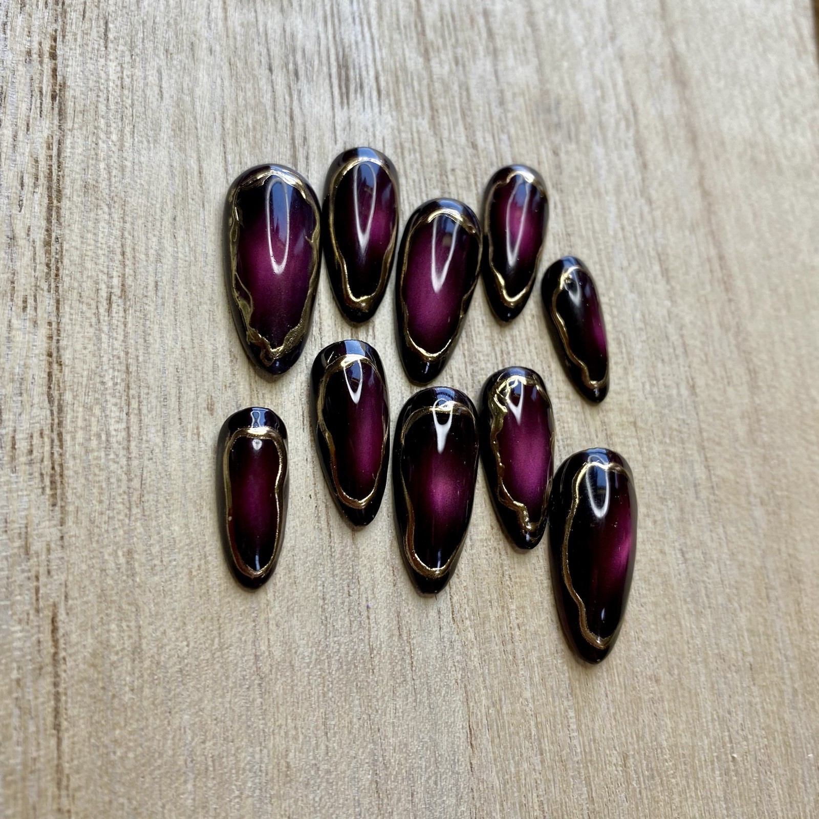 Molten Merlot Press On Nails | Burgundy Cat Eye Nails | Gold Chrome Outline