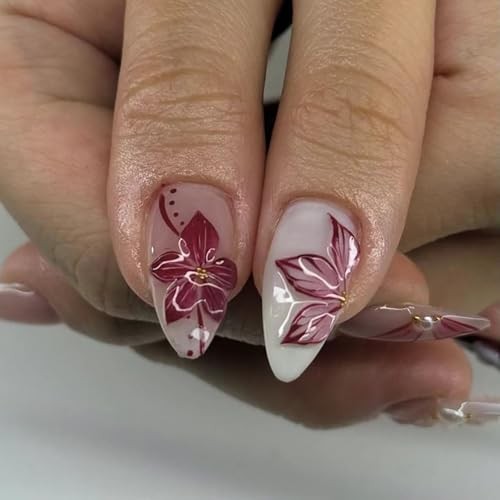 24Pcs 3D Flower Press on Nails Medium Almond Fake Nails Pearl Flower Nails-17