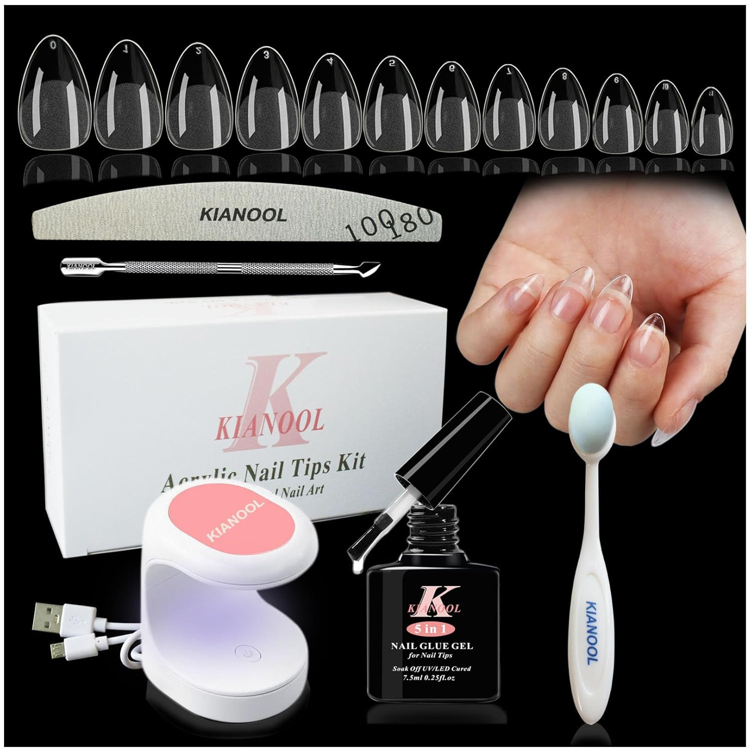 Gel X Nail Kit Almond, 552Pc Short Nail Tips with U V Lamp, 5 in 1 UV Glue | Pre