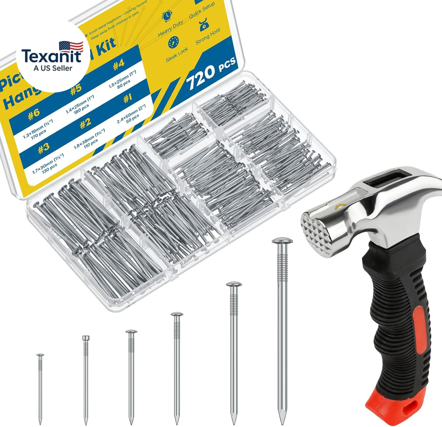720 Pcs Nail Assortment Kit with Small Hammer, 6 Sizes, Picture Hanging Nails fo