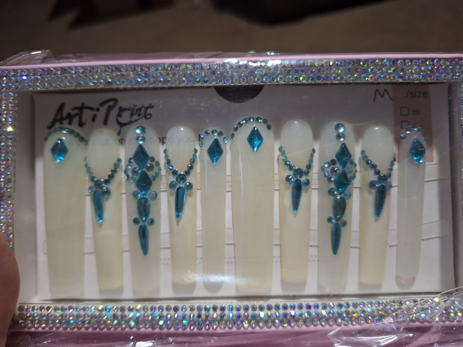 ArtiPrint Long Coffin Press-On Artificial Nails White/Blue 3D Snake Full Cover